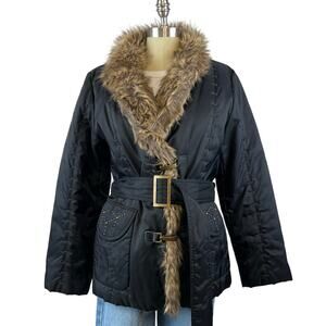Vintage Regent Park Black Nylon Faux Fur Lined Eskimo Style Winter Coat (Sz S)